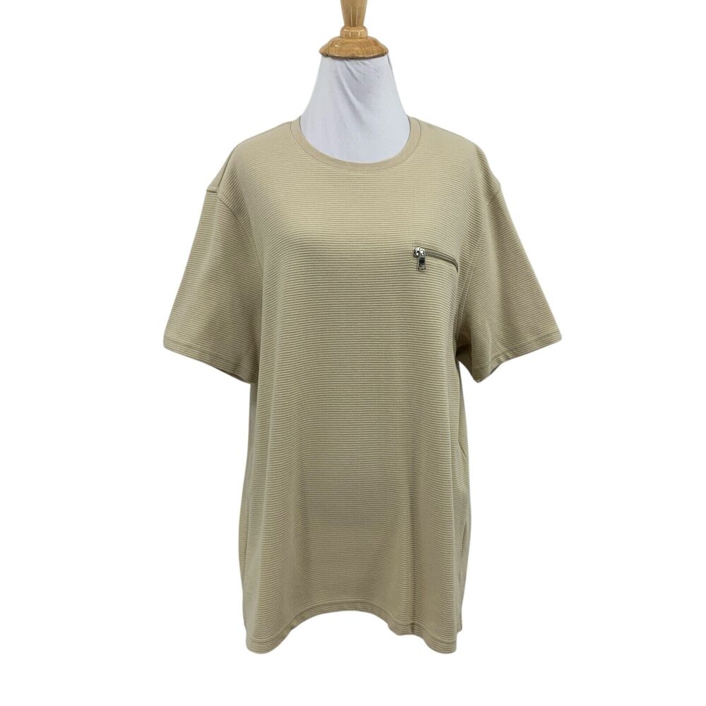 INC International Concepts T Shirt Womens L Large Sand Ribbed Faux Zip Pocket